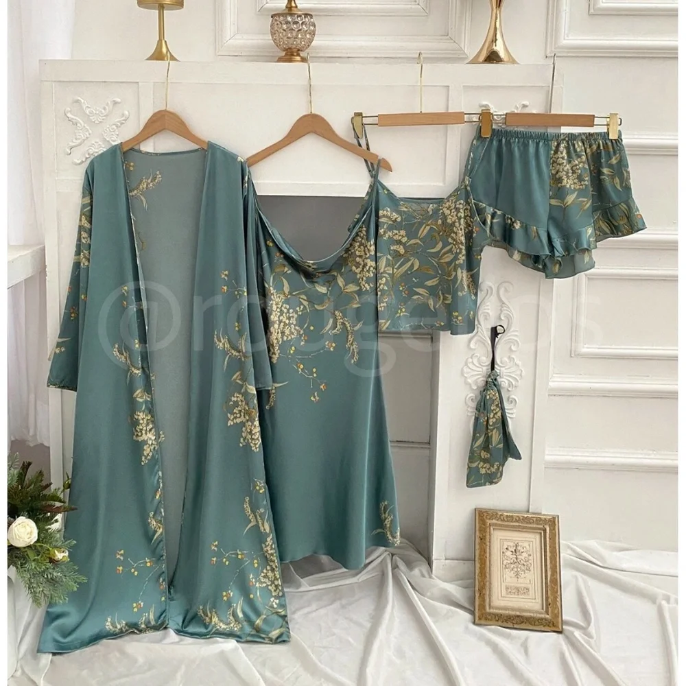 Dusty Teal Satin Pajama Lingerie Set of 5 Pieces - Picture 1 of 6